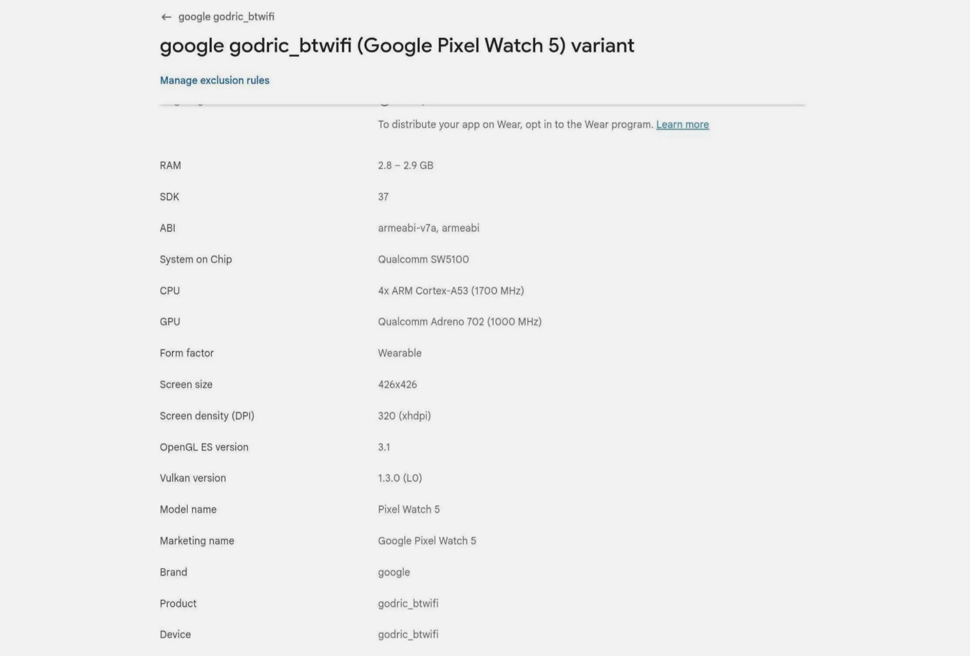 Thông tin cấu hình Pixel Watch 5 trên Google Play Console