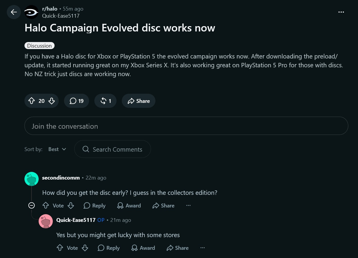 Bình luận trên Reddit về việc đĩa Halo: Campaign Evolved có thể chơi được