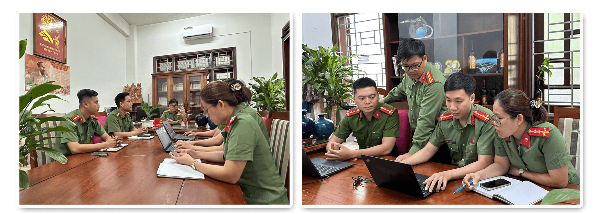 Tổ quản trị Fanpage Công an Phường An Khê thảo luận các tình huống phát hiện trên không gian mạng. Ảnh: HỮU TRUNG