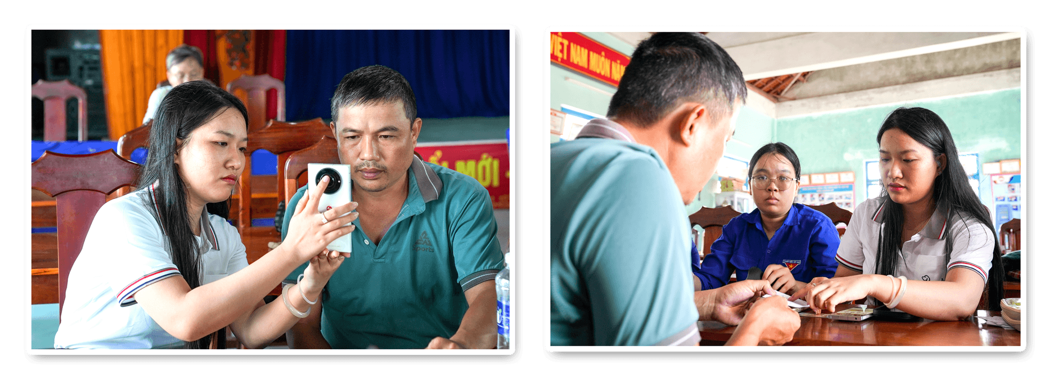 Trưởng thôn Khương Mỹ (xã Tam Xuân) Trần Anh Lan Như hỗ trợ người dân kích hoạt định danh điện tử mức 2. Ảnh: MINH KHÁNH