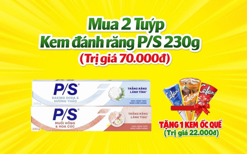 Mua 2 kem đánh răng P/S tặng ngay nước ngọt 1.5L hoặc kem ốc quế