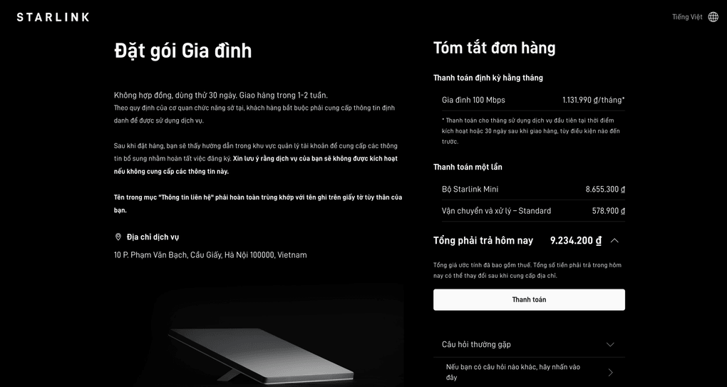 Website đặt hàng Starlink, sáng 13/8. Ảnh chụp màn hình