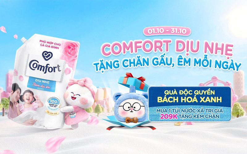 Mua nước xả Comfort dịu nhẹ 3 lít, tặng bộ gối mền êm ái
