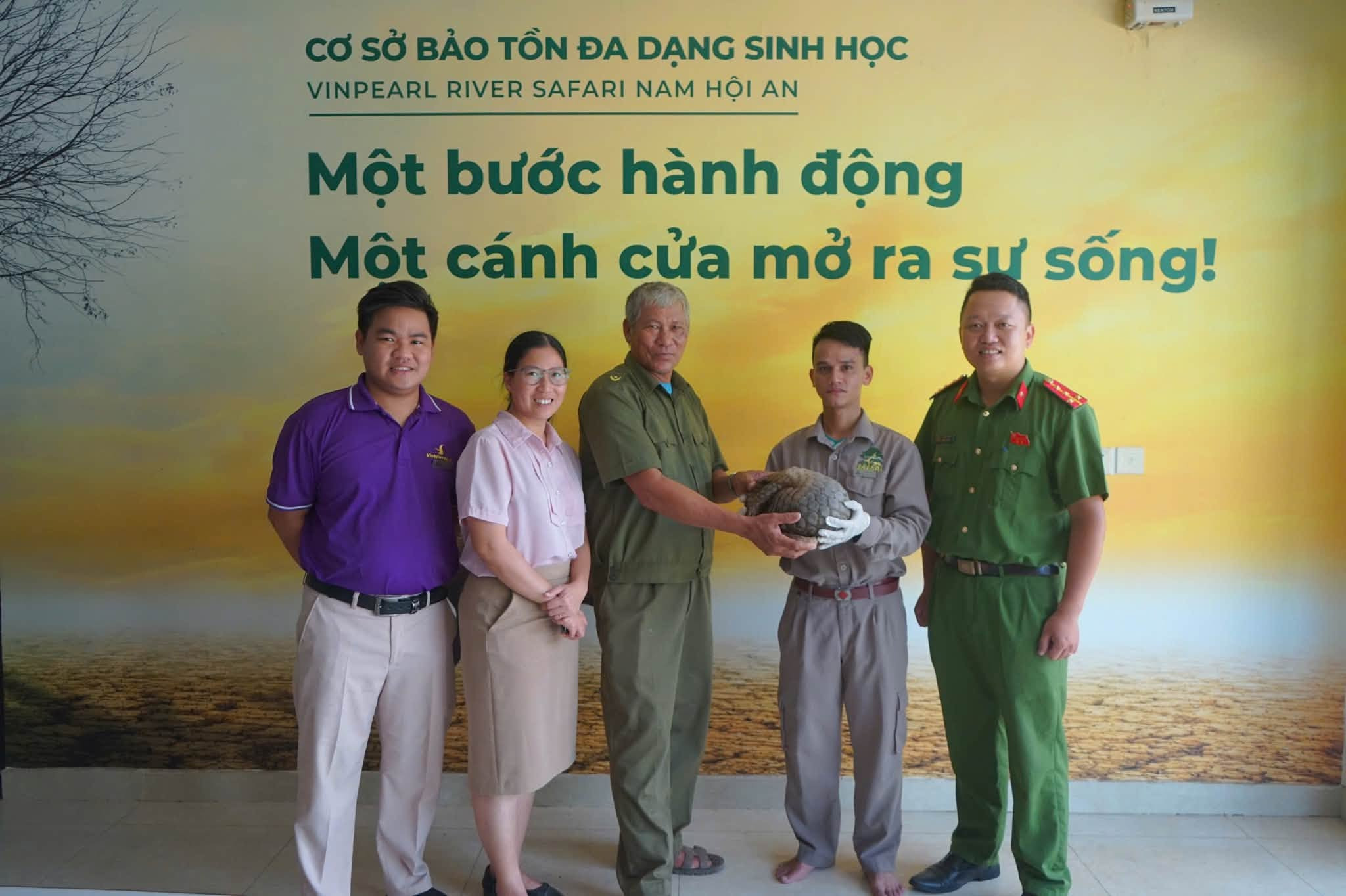 Công an xã Duy Nghĩa bàn giao cá thể tê tê cho Cơ sở Bảo tồn Đa dạng sinh học Vinpearl River Safari Nam Hội An. 