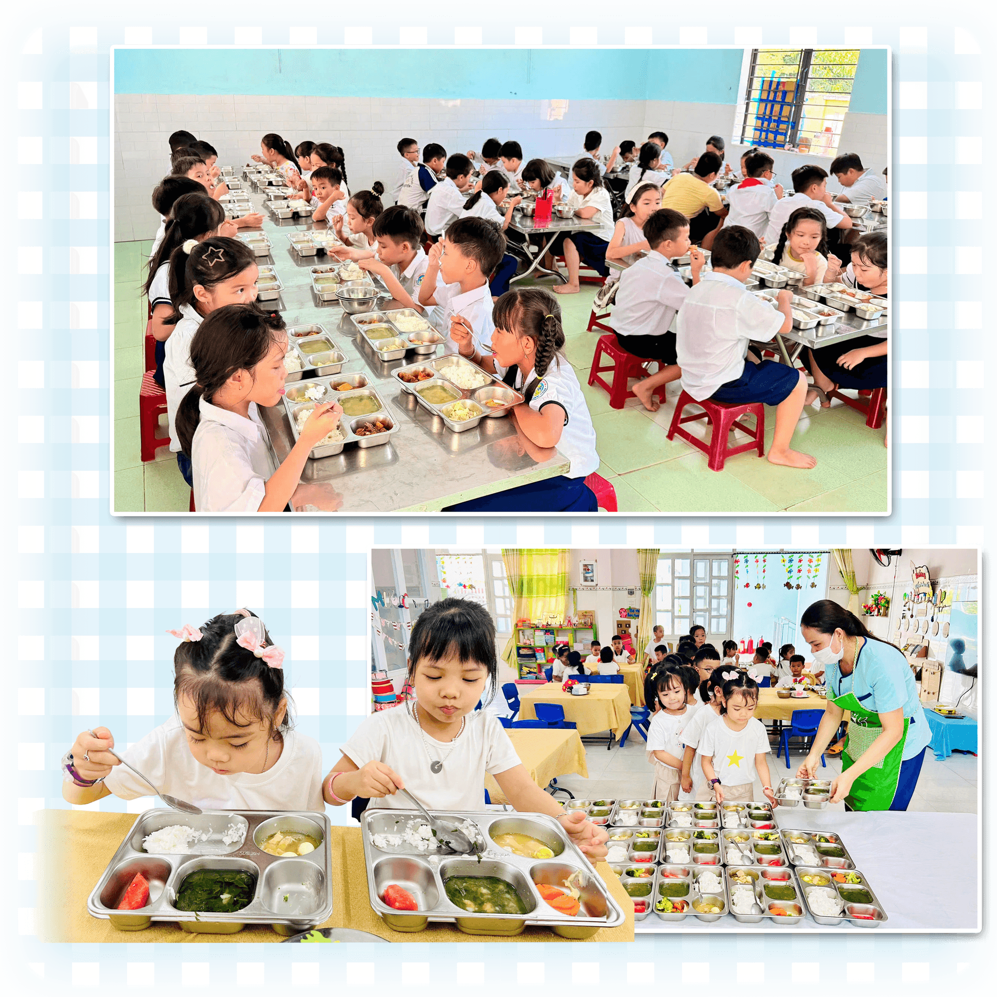 Nhiều trường học tổ chức bữa trưa bán trú cho trẻ và học sinh rất bài bản. Ảnh: PHAN VINH