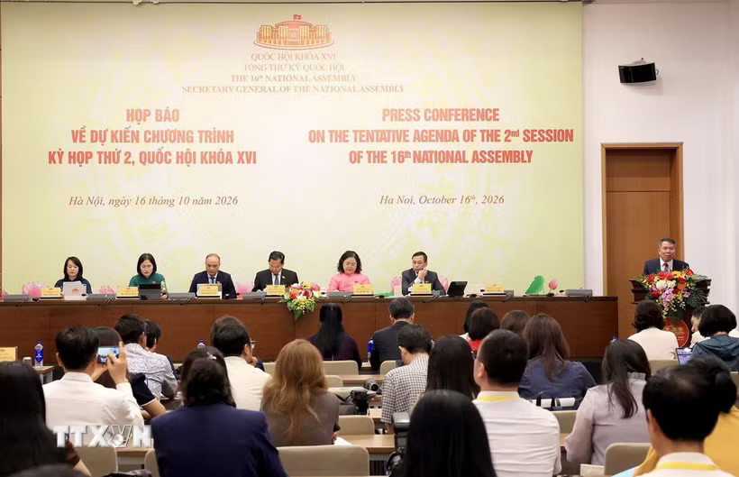 Quang cảnh họp báo thông tin về Kỳ họp thứ 2, Quốc hội khóa XVI. (Ảnh: Tuấn Anh/TTXVN)