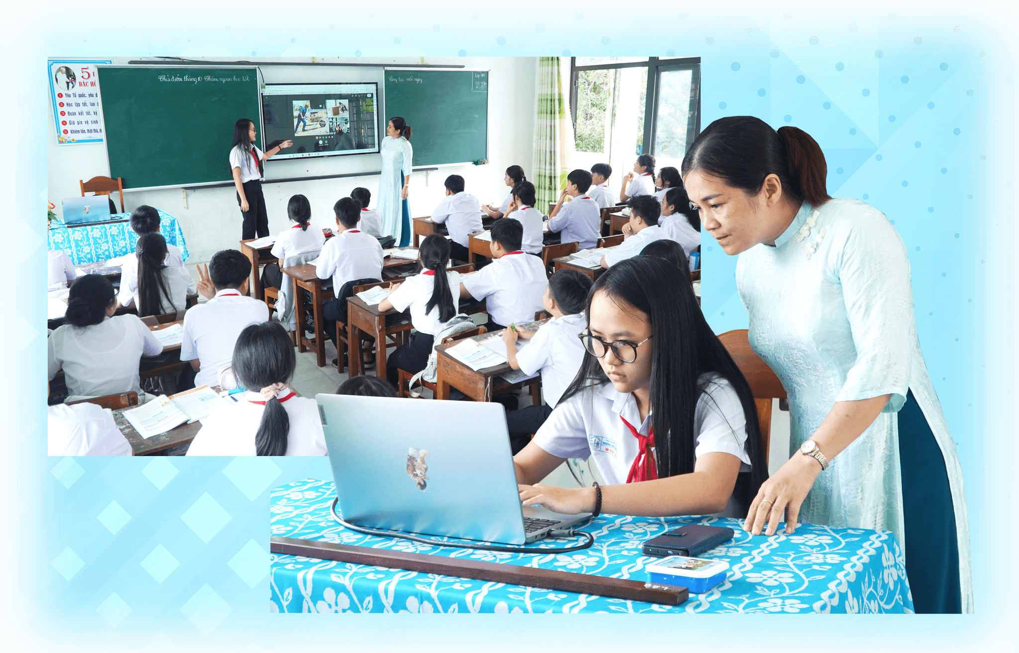 Giáo viên Trường THCS Tam Kỳ cho học sinh trải nghiệm ứng dụng trí tuệ nhân tạo trong giờ học. Ảnh: PHAN VINH