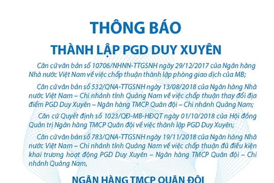 Ngân hàng TMCP Quân đội thông báo thành lập PGD Duy Xuyên