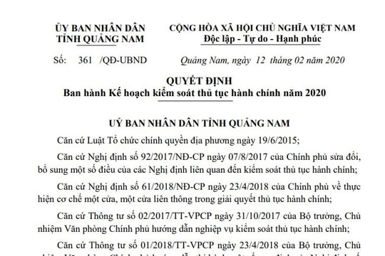 Ban hành kế hoạch kiểm soát thủ tục hành chính năm 2020