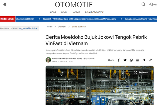 Báo chí Indonesia đặt kỳ vọng với dự án nhà máy xe điện VinFast