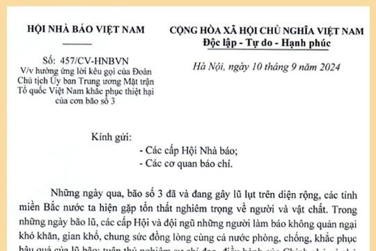 Hội Nhà báo Việt Nam kêu gọi ủng hộ đồng bào khắc phục hậu quả bão lũ