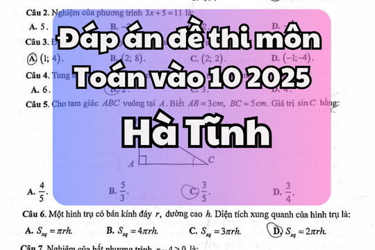 Đáp án đề thi tuyển sinh lớp 10 môn Toán tỉnh Hà Tĩnh 2025