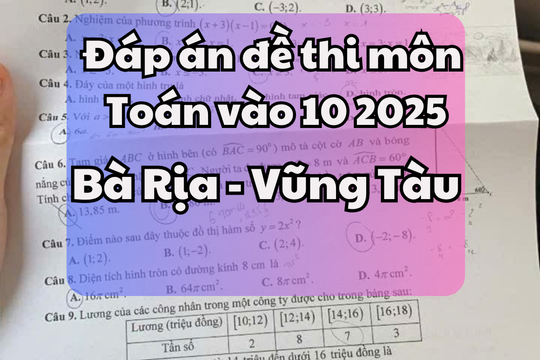 Đáp án đề thi tuyển sinh lớp 10 môn Toán của Bà Rịa - Vũng Tàu 2025