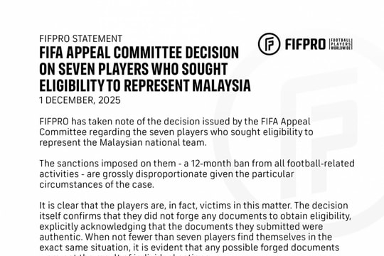 Vụ nhập tịch Malaysia: FIFPro vào cuộc, coi 7 cầu thủ là nạn nhân