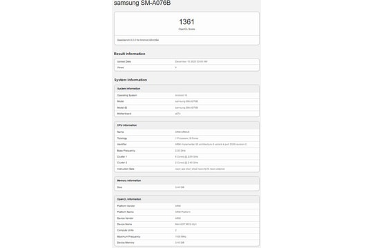 Galaxy A07 5G lộ diện: Hiệu năng GPU ấn tượng, chạy Android 16