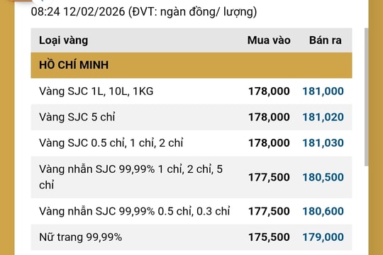 Giá vàng cập nhật 12h trưa ngày 12/2/2026: Giá vàng miếng SJC, nhẫn 9999, thế giới tiếp tục giữ giá