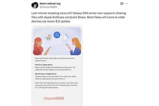 Galaxy S26 có thể tương thích AirDrop: Bước tiến mới xóa bỏ rào cản giữa Samsung và iPhone