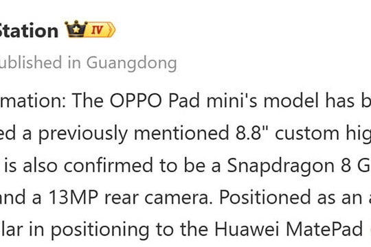 Rò rỉ cấu hình OPPO Pad Mini: Tablet 8.8 inch sở hữu chip Snapdragon 8 Gen 5 mạnh mẽ