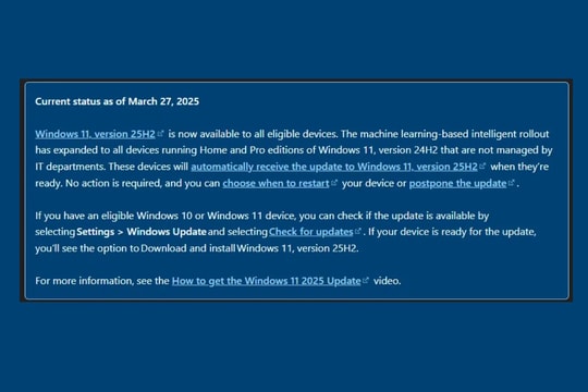 Microsoft tự động nâng cấp Windows 11 25H2 cho PC 24H2: Giải pháp bảo mật bằng trí tuệ nhân tạo