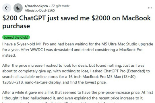 Tiết kiệm 2000 USD mua MacBook Pro M5 Max nhờ ChatGPT Pro: Khi AI trở thành thợ săn giá