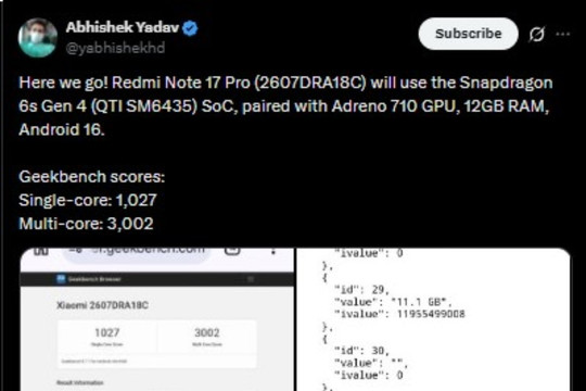 Redmi Note 17 Pro lộ diện trên Geekbench: Giải mã sức mạnh chip Snapdragon 6s Gen 4