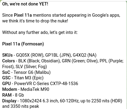 Google Pixel 11a lộ diện: Chip Tensor G6 mạnh mẽ và bước ngoặt từ modem MediaTek