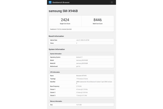Galaxy Tab S12 Ultra lộ điểm Geekbench ấn tượng với chip Dimensity 9500 và Android 17