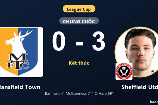 Thắng Mansfield Town 3-0, Sheffield Utd đi tiếp tại League Cup, tiễn chủ nhà rời cuộc chơi