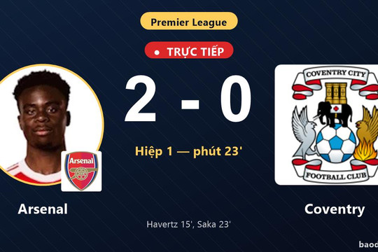 Trực tiếp Arsenal vs Coventry: Hết hiệp 1, Arsenal dẫn 2-0