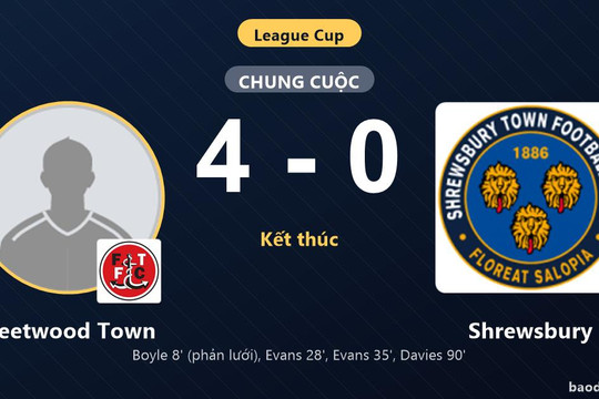 Thắng đậm Shrewsbury 4-0, Fleetwood Town giành vé đi tiếp tại League Cup