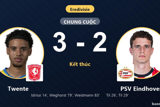 Ngược dòng kịch tính hạ PSV Eindhoven, Twente áp sát nhóm đầu Eredivisie