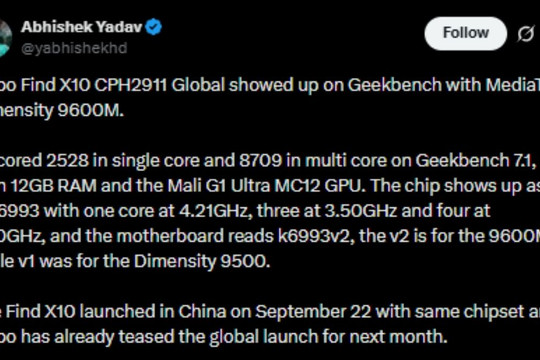 OPPO Find X10 bản quốc tế lộ diện điểm Geekbench ấn tượng với chip MediaTek Dimensity 9600M