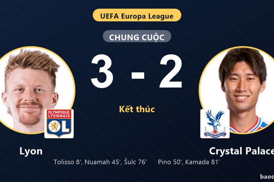 Hạ Crystal Palace 3-2 sau màn rượt đuổi, Lyon vươn lên giữa bảng Europa League