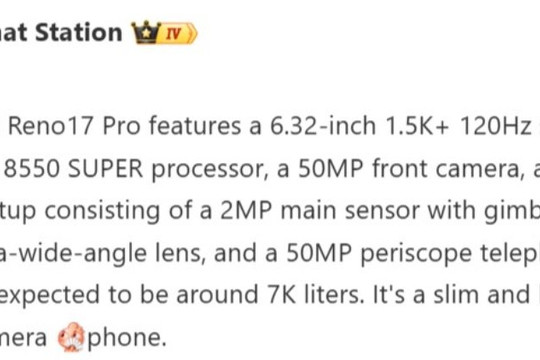 Cấu hình OPPO Reno17 Pro: Màn hình 1.5K nhỏ gọn, camera 200MP cùng pin khủng 7000mAh