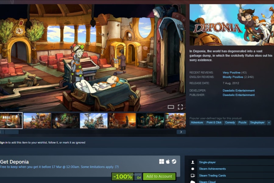 Steam tặng miễn phí Deponia: Cơ hội trải nghiệm tựa game phiêu lưu giải đố cực chất