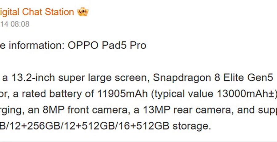 OPPO Pad 5 Pro lộ diện với chip Snapdragon 8 Elite Gen 5 và pin 13.000 mAh
