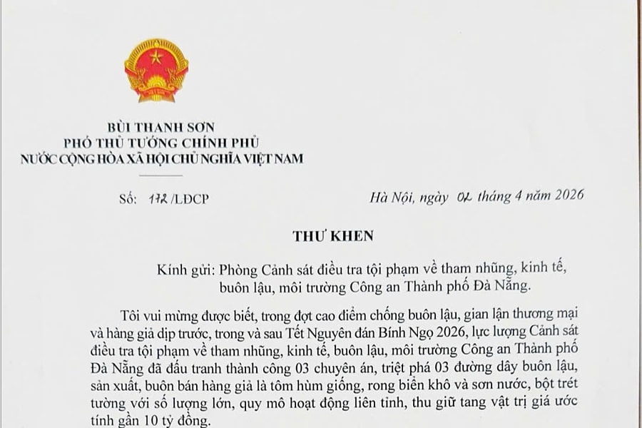 Phó Thủ tướng gửi thư khen Công an thành phố Đà Nẵng về thành tích chống buôn lậu