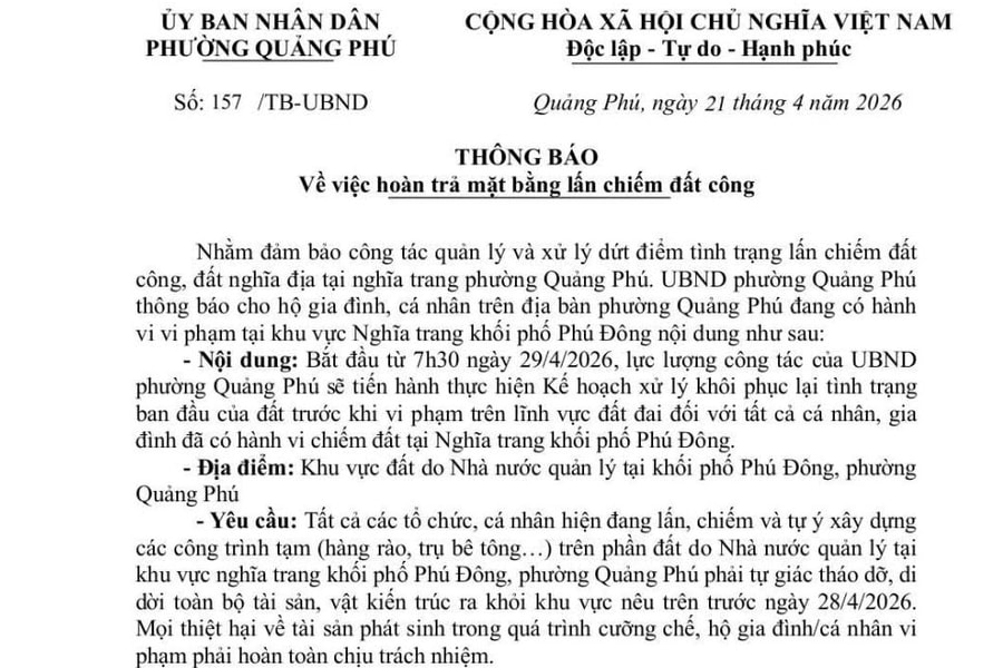 Phường Quảng Phú yêu cầu hoàn trả mặt bằng lấn chiếm đất nghĩa trang