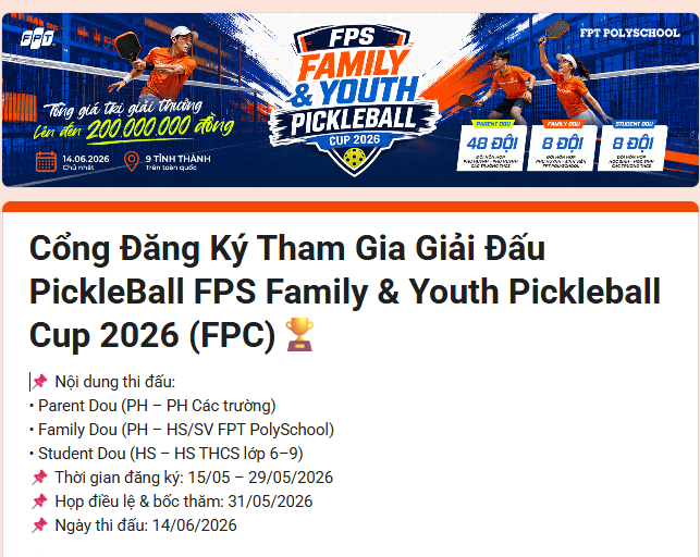 Mở đăng ký giải Pickleball phụ huynh và học sinh tại Đà Nẵng