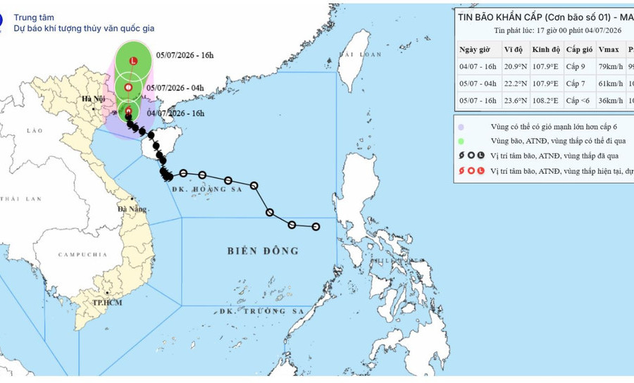 Bão số 1 giật cấp 11, đã đi vào khu vực vùng biển tỉnh Quảng Ninh