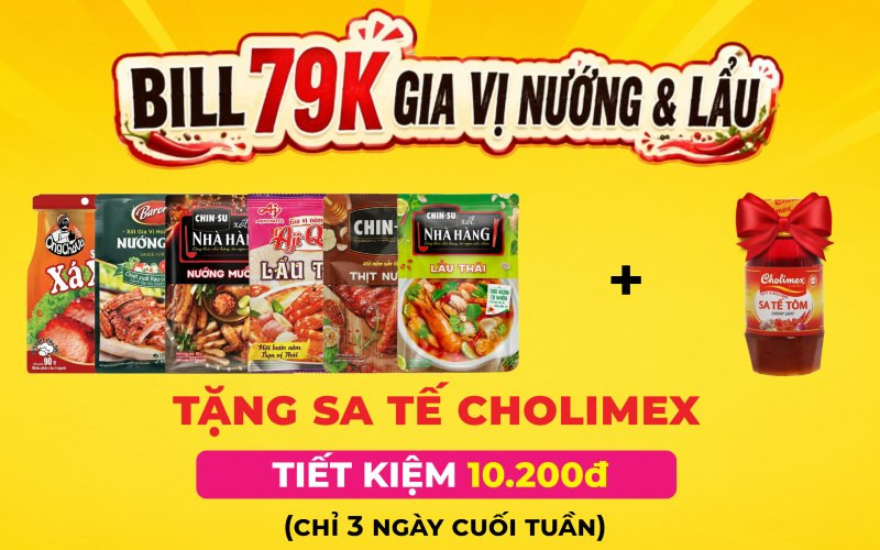 Mẹo săn deal gia vị lẩu nướng từ 79.000 đồng tặng kèm sa tế Cholimex tại Bách hóa XANH