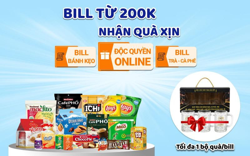Mẹo nhận bộ 3 ly thủy tinh cao cấp khi mua bánh kẹo và cà phê online tại Bách hóa XANH