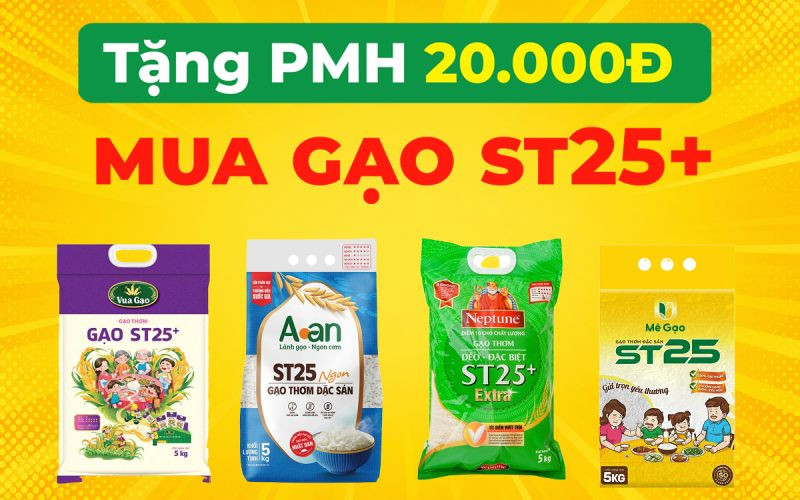 Cách nhận phiếu mua hàng giảm 20k khi đặt mua gạo ST25+ trên ứng dụng Bách hóa XANH