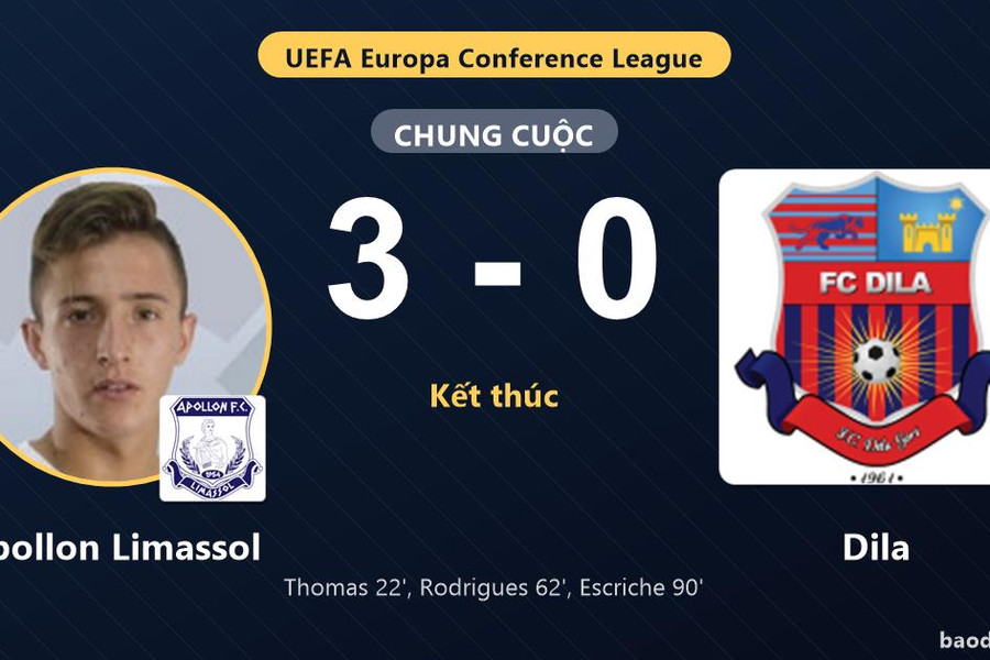Apollon Limassol thắng đậm Dila ở vòng loại Conference League