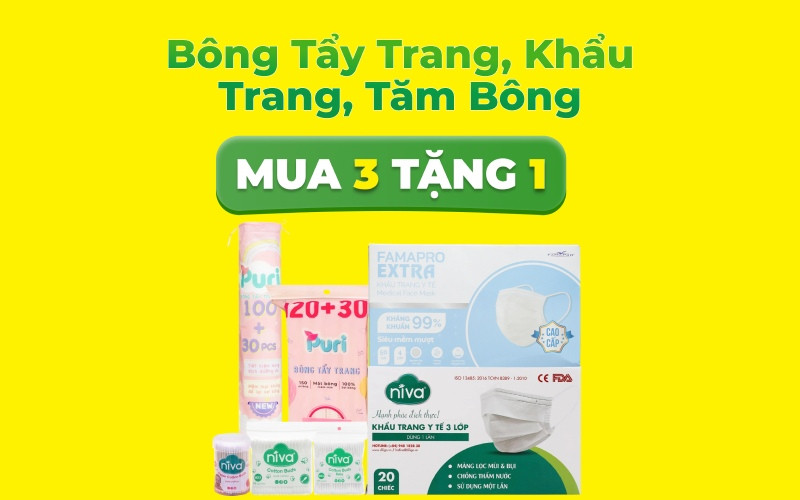 Mua 3 tặng 1 toàn bộ bông tẩy trang khẩu trang và tăm bông tại Bách hóa XANH trong tháng 8
