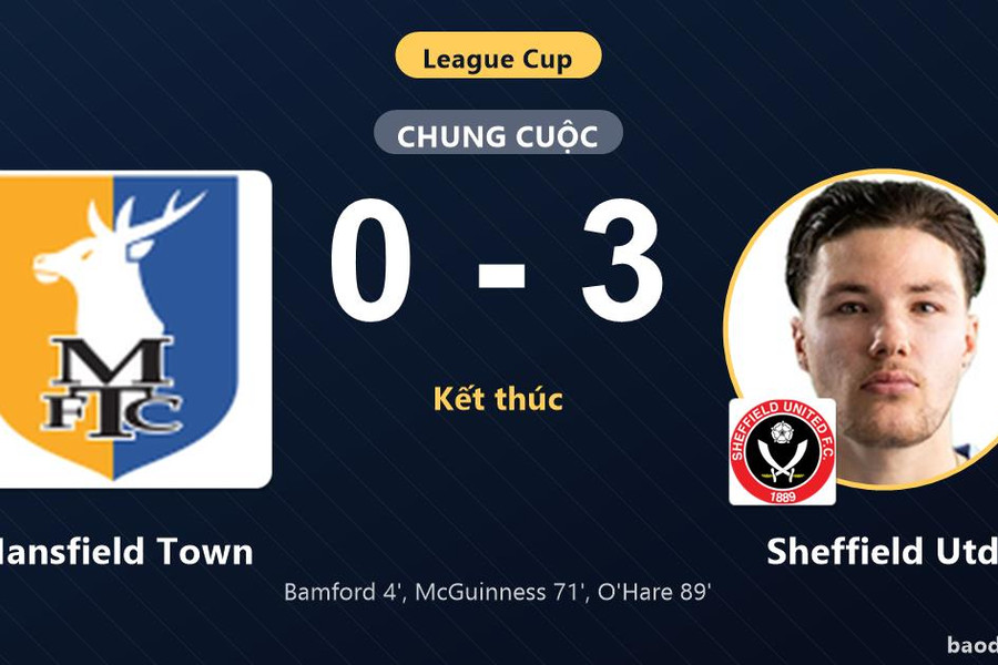 Thắng Mansfield Town 3-0, Sheffield Utd đi tiếp tại League Cup, tiễn chủ nhà rời cuộc chơi