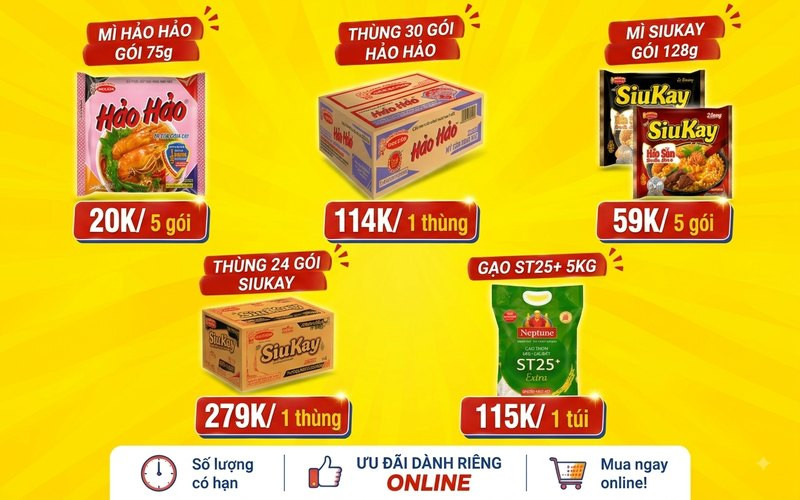 Cách mua mì Hảo Hảo SiuKay và Koreno giảm giá tới 36k khi đặt hàng online tại Bách hóa XANH