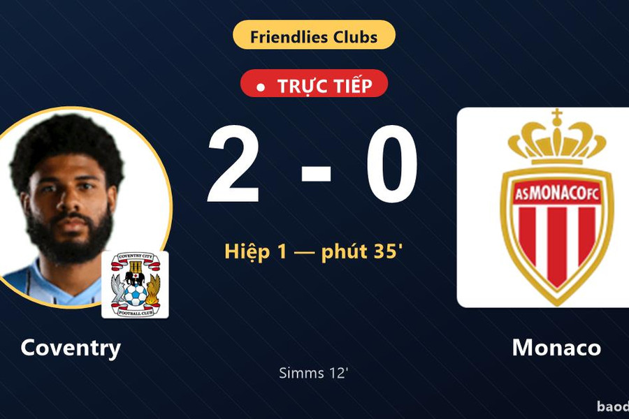 Trực tiếp Coventry vs Monaco: Hết hiệp 1, Coventry dẫn 2-0