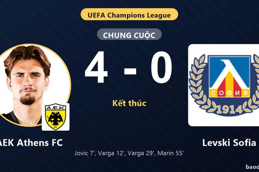 Đè bẹp Levski Sofia, AEK Athens FC nắm lợi thế lớn ở play-off Champions League