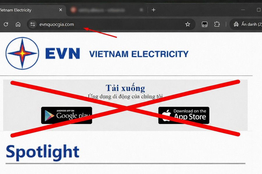 EVN cảnh báo website giả mạo nhằm lừa người dùng cài app độc hại chiếm quyền điện thoại